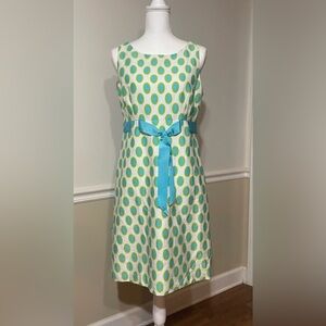 Kim Rogers White with Blue and Green Dots, Bow, Sleeveless, Midi Dress Sz 10